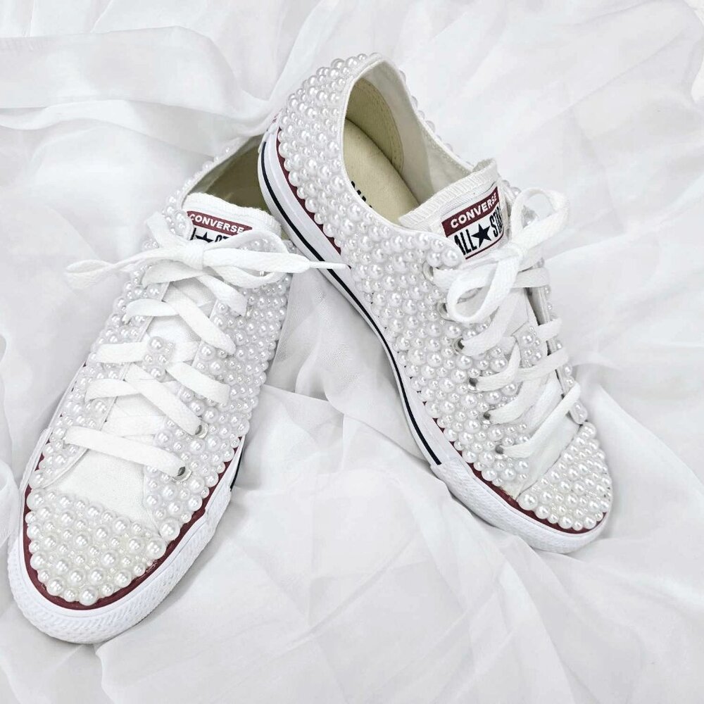 New never worn custom designed pearl wedding Converse shoes. Size 7.5